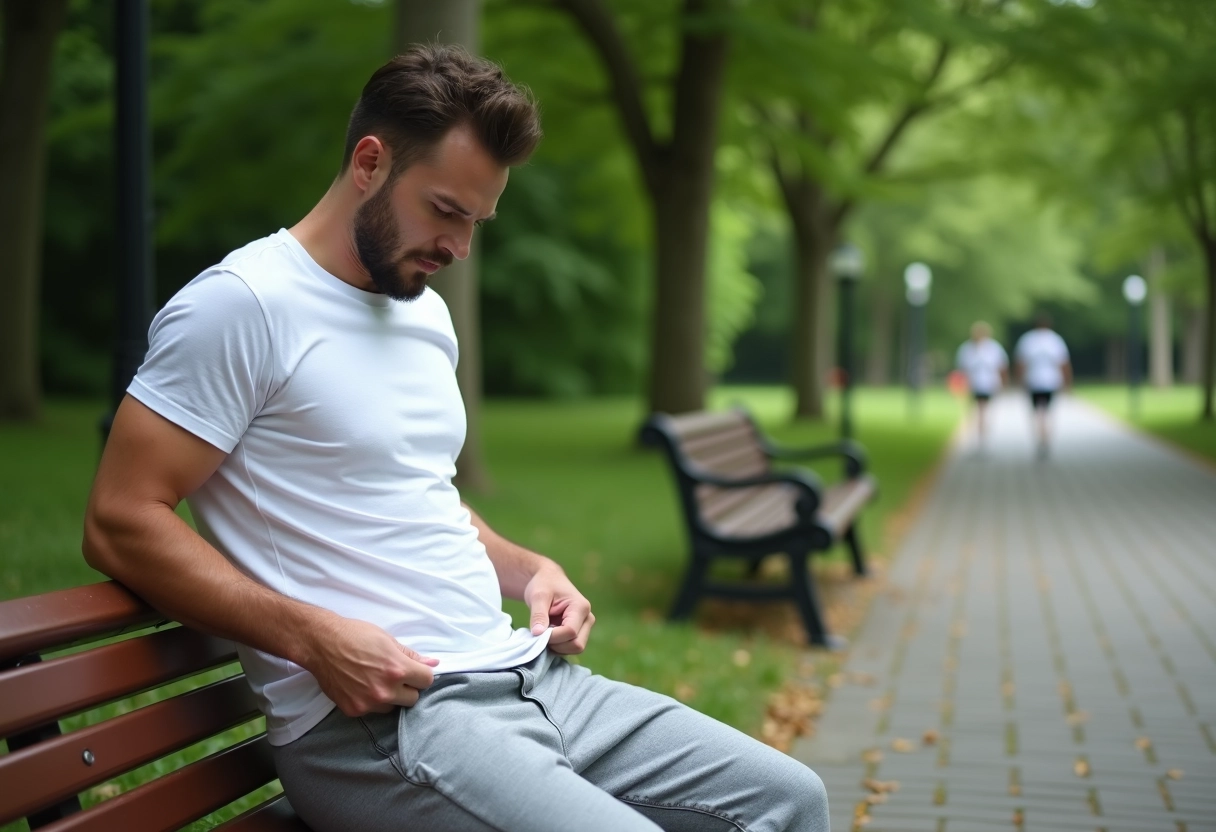 Homme sportif assis dans un parc regardant son abdomen