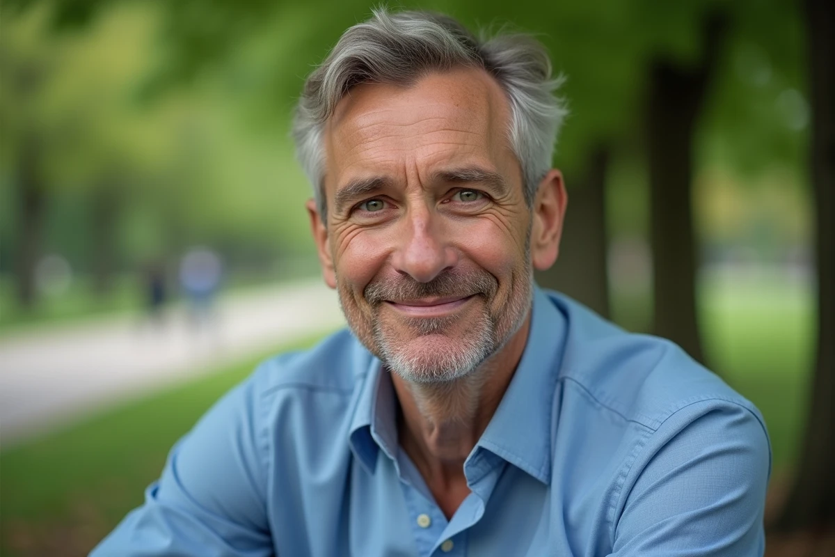 Homme d age moyen souriant dans un parc avec un shirt bleu