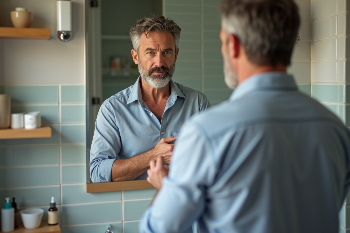Homme regardant ses cicatrices dans un miroir de salle de bain