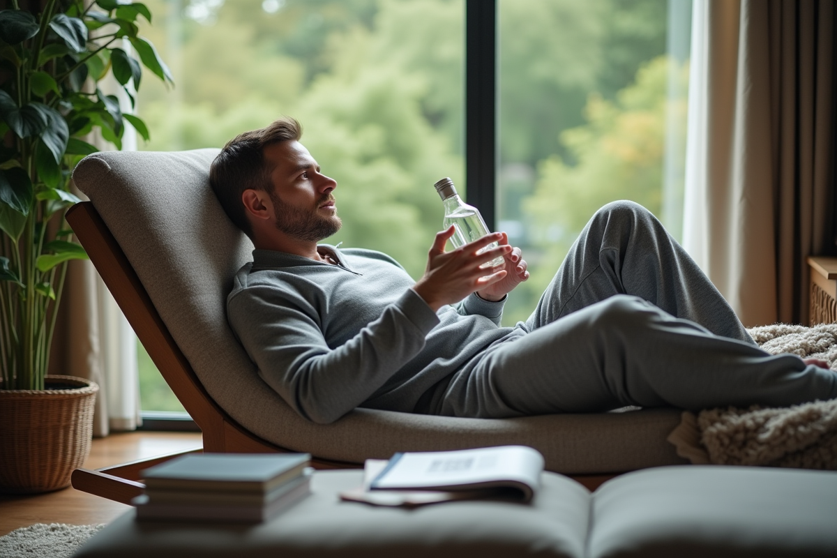 Homme en détente dans un salon avec un verre d