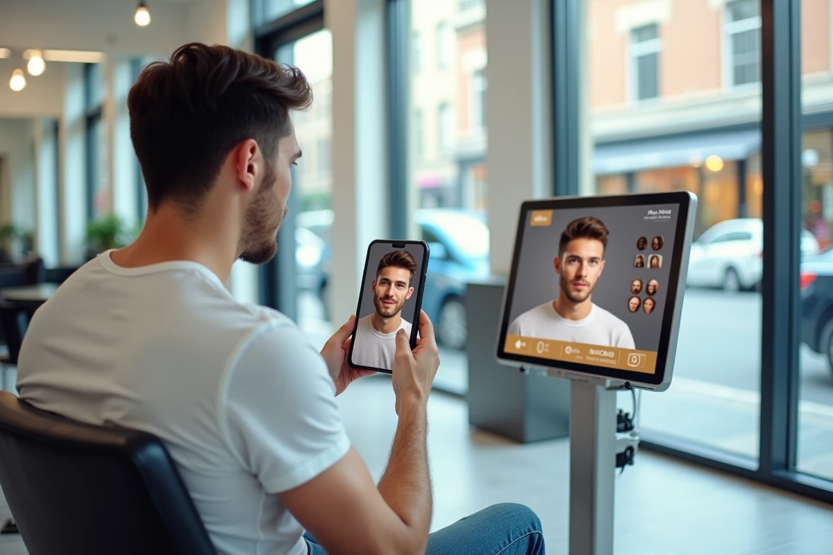 Jeune homme regardant son reflet dans un miroir au salon de coiffure