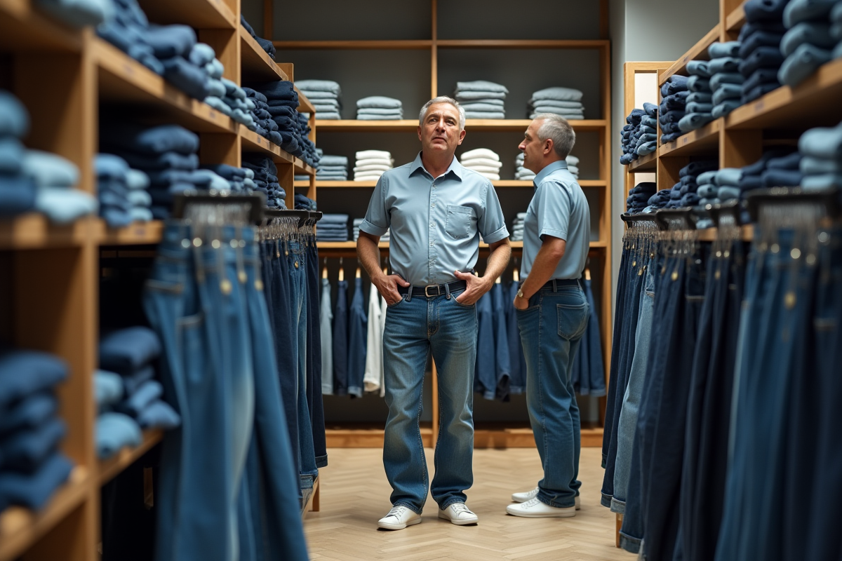 Homme choisissant un jean décontracté dans un magasin moderne