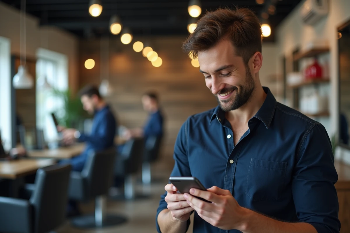 Homme utilisant un smartphone pour voir des coupes de cheveux en salon