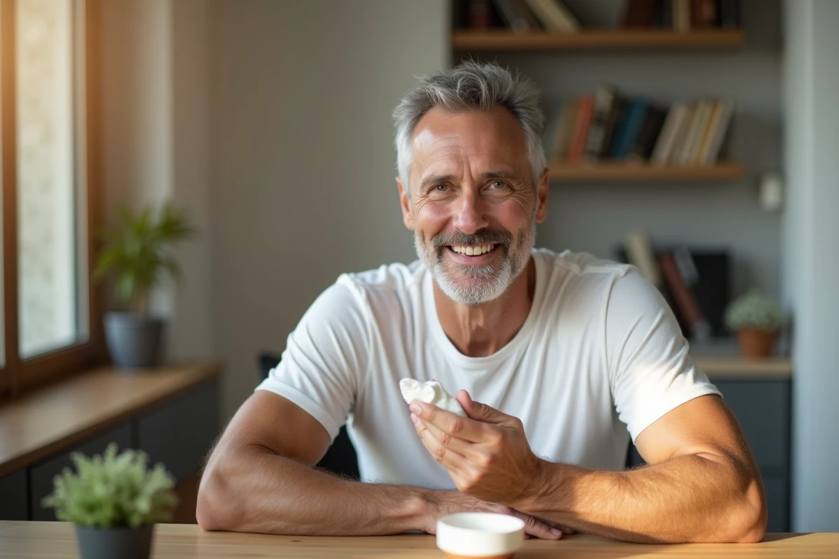 Homme appliquant une creme visage dans son espace privé