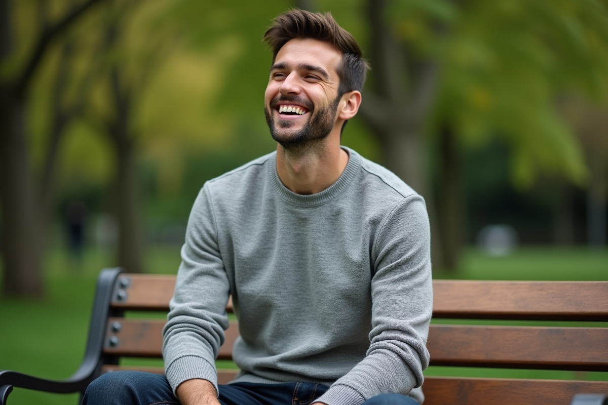 Homme souriant en pull dans un parc en plein air