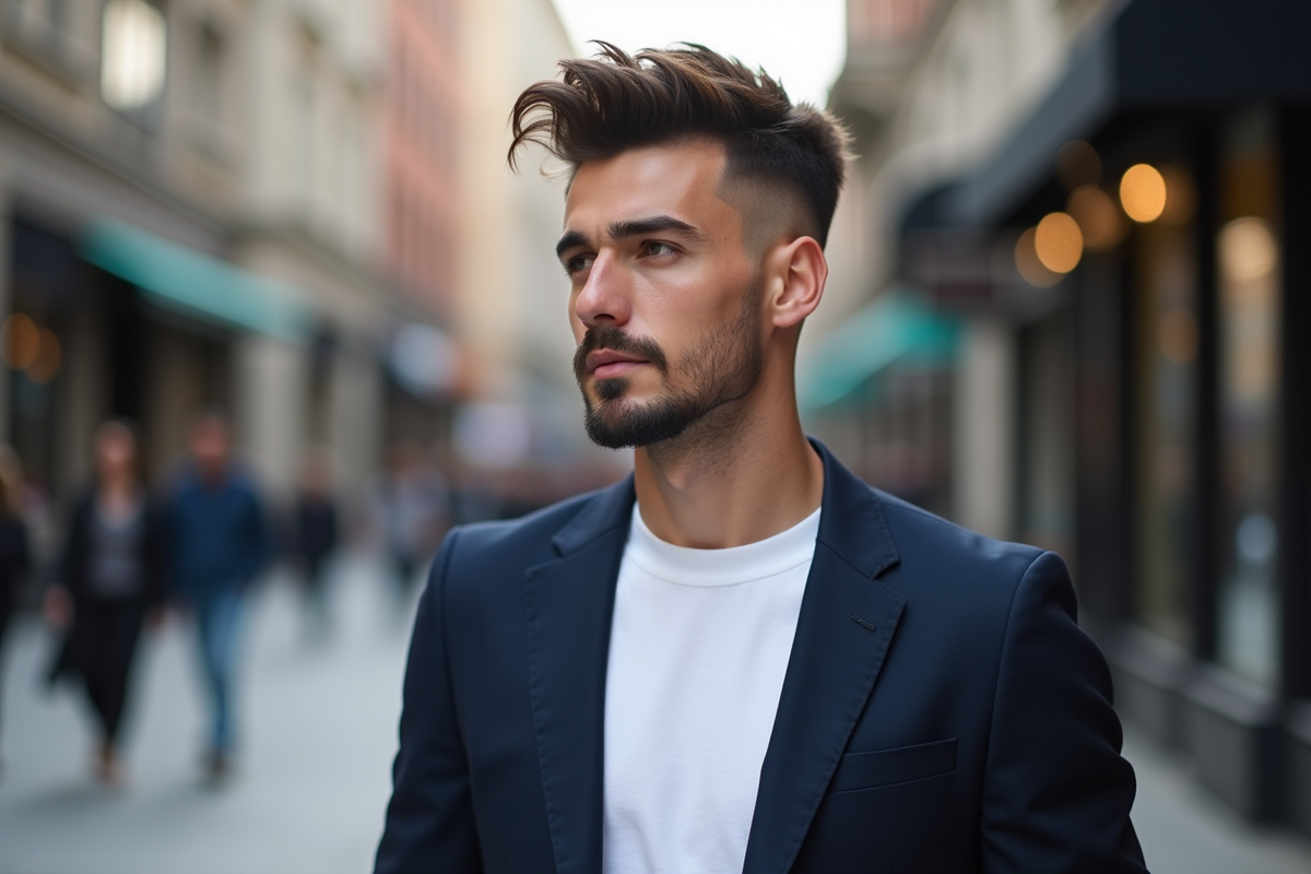 Homme en blazer navy marche dans la ville avec style