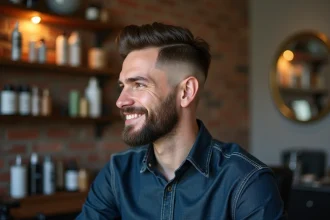 Homme avec coupe fade et barbe dans un salon moderne