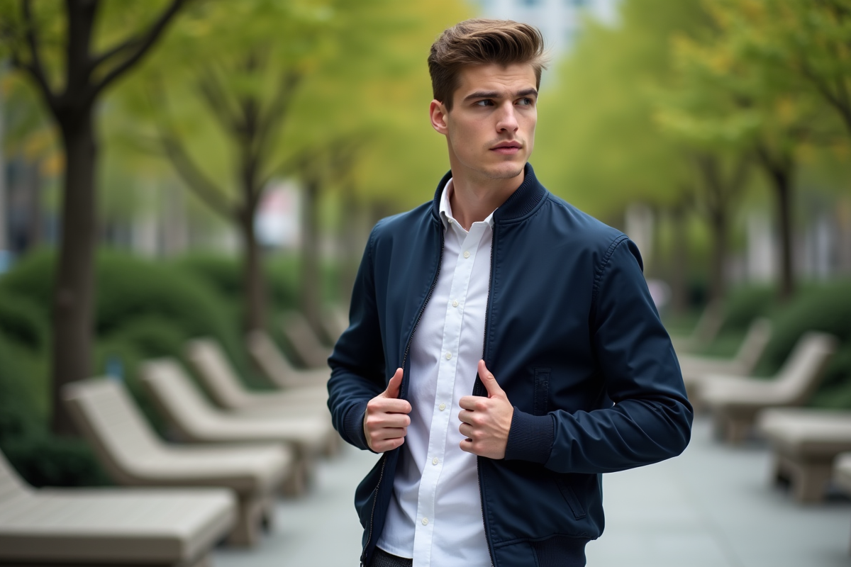 Jeune homme en veste dans un parc urbain