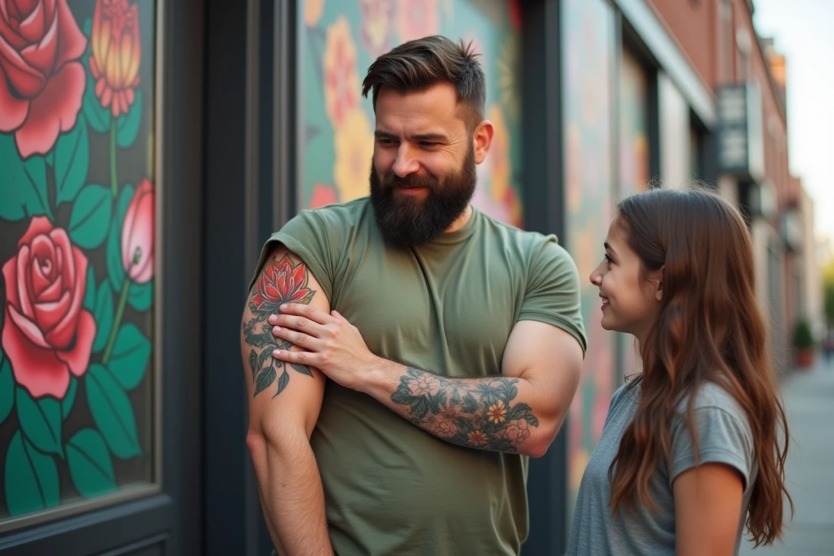 Homme avec tatouage floral discutant avec une adolescente