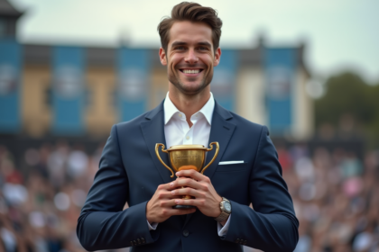 Homme en costume cravate tenant un trophée lors d'une cérémonie