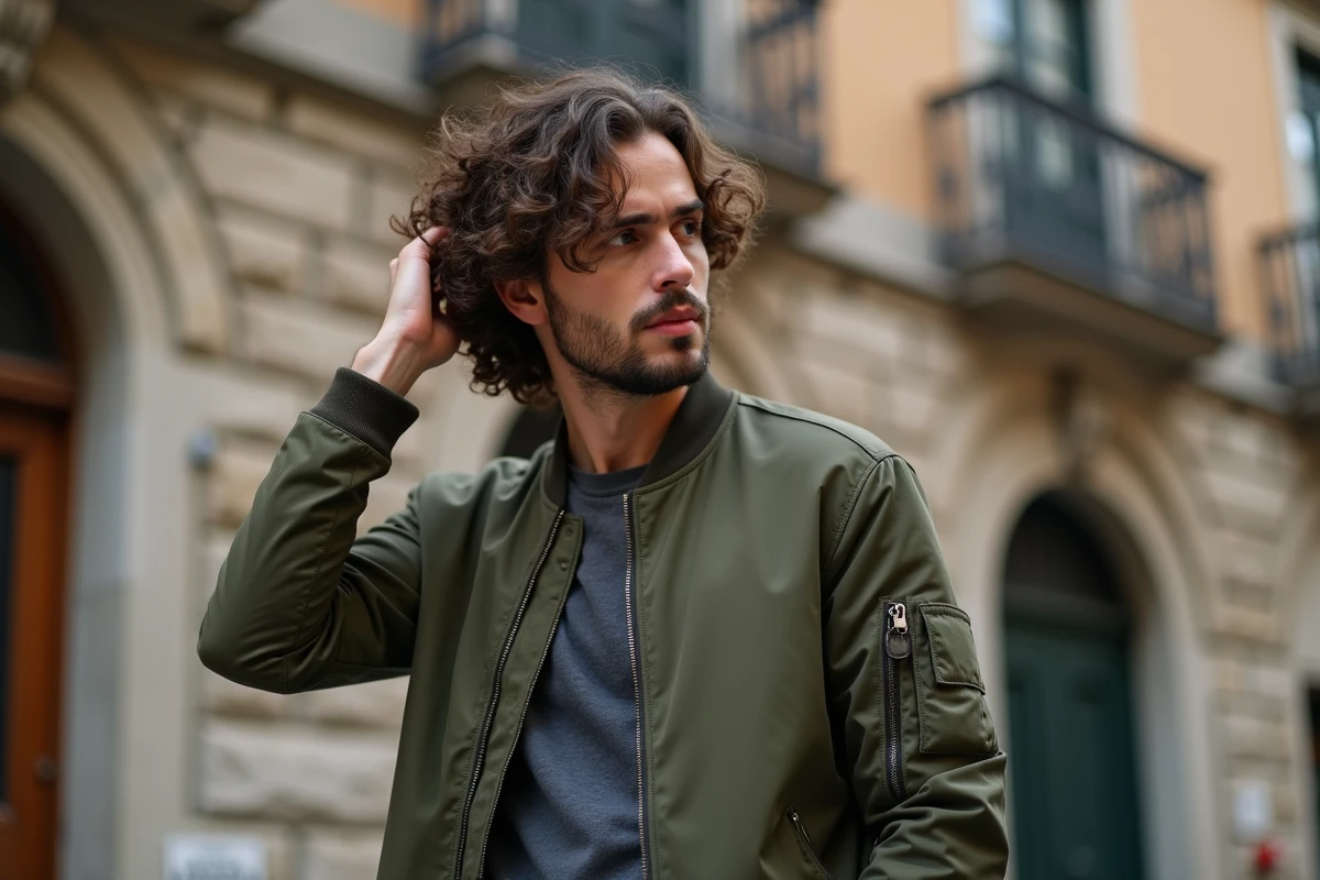 Homme aux cheveux bouclés et coiffure moderne dans une rue ancienne