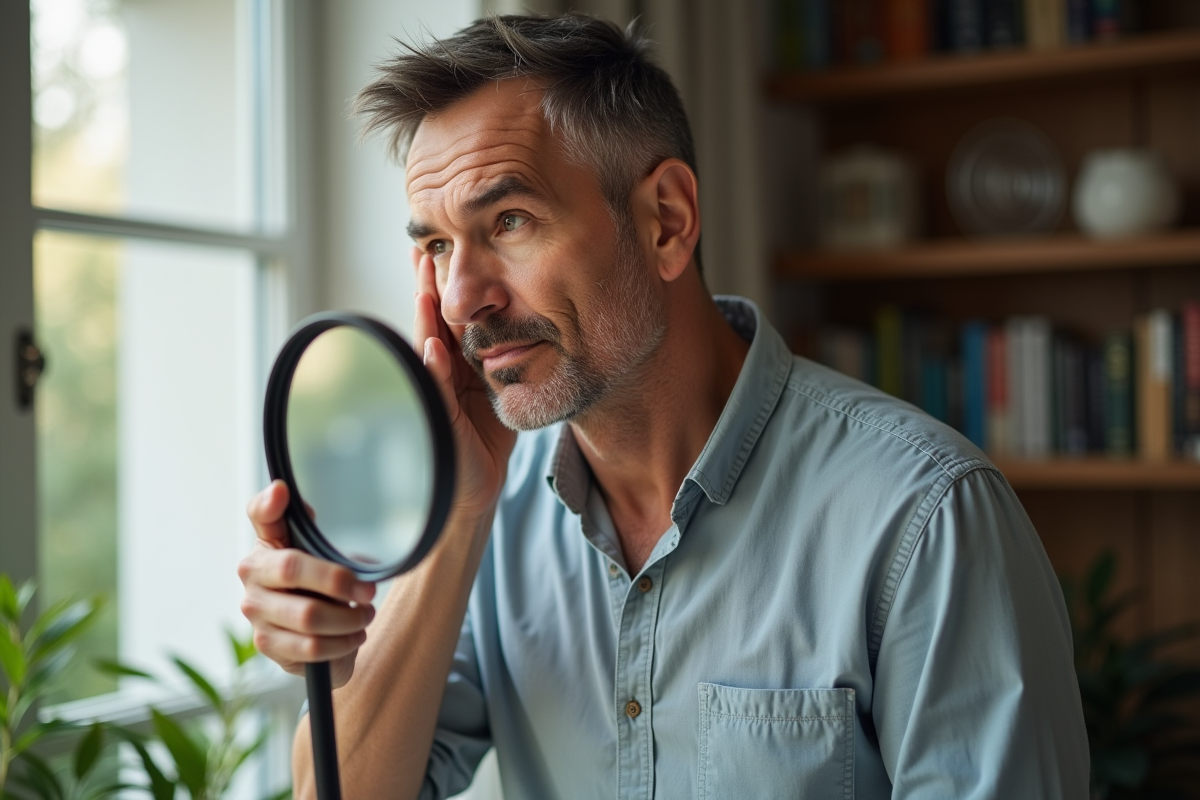 Homme examinant sa peau dans un miroir avec curiosite