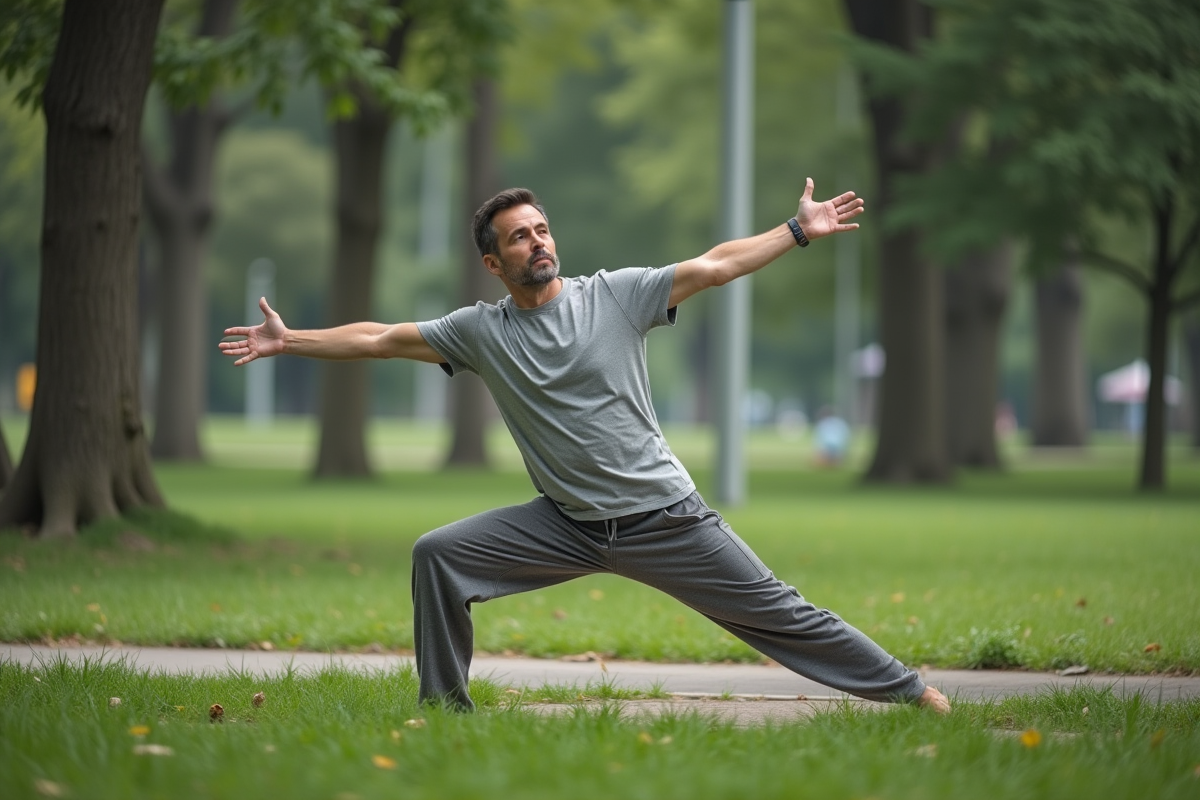 Homme en yoga en extérieur dans un parc urbain calme