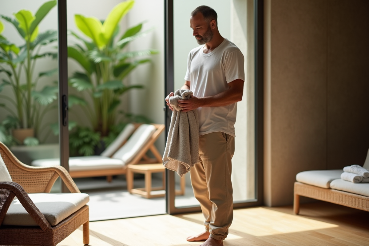 Homme en vêtements de yoga pliant une serviette dans un spa