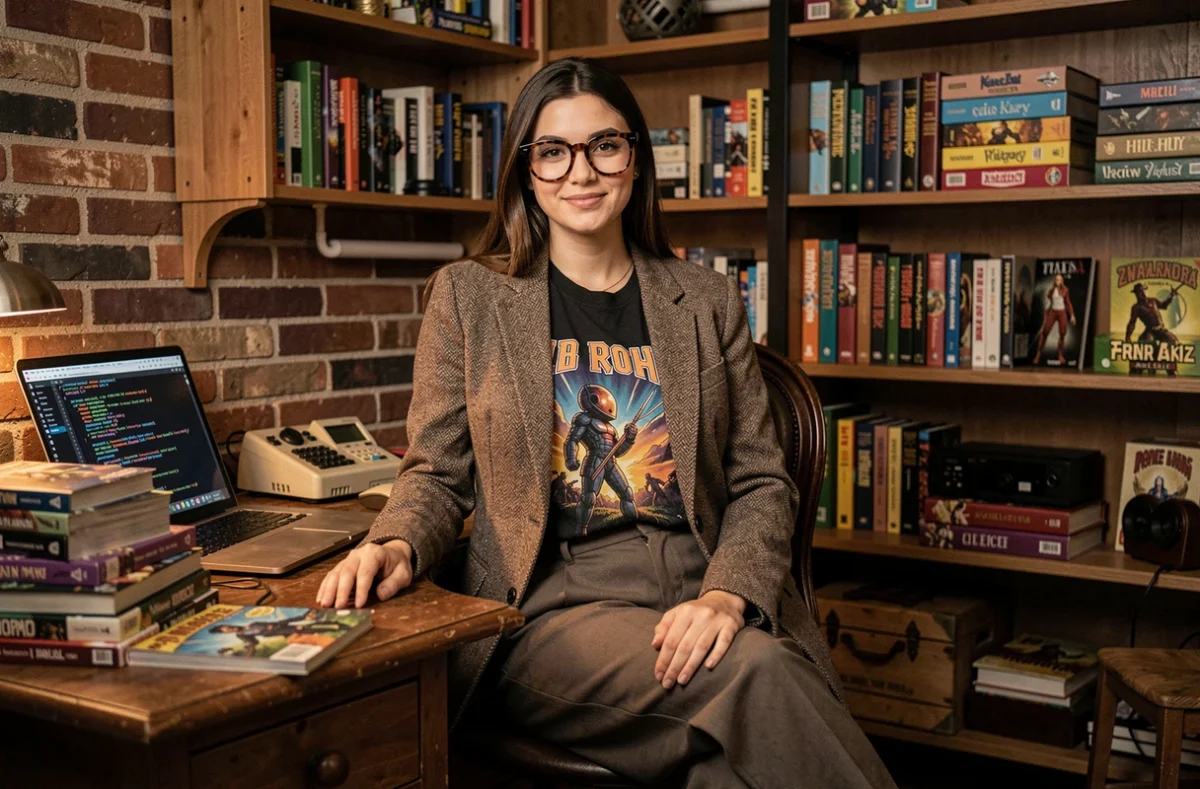 Jeune femme geek chic portant lunettes vintage et blazer tweed dans un bureau décoré de bandes dessinées et gadgets rétro