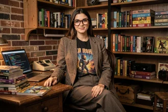 Jeune femme geek chic portant lunettes vintage et blazer tweed dans un bureau décoré de bandes dessinées et gadgets rétro