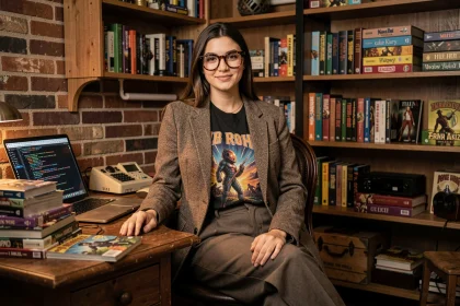 Jeune femme geek chic portant lunettes vintage et blazer tweed dans un bureau décoré de bandes dessinées et gadgets rétro