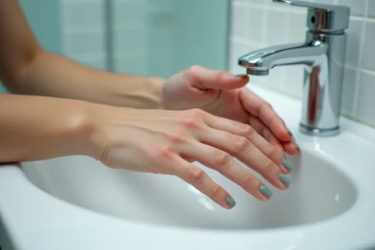 Gros plan sur des ongles présentant une infiltration verte sur fond de salle de bain blanche