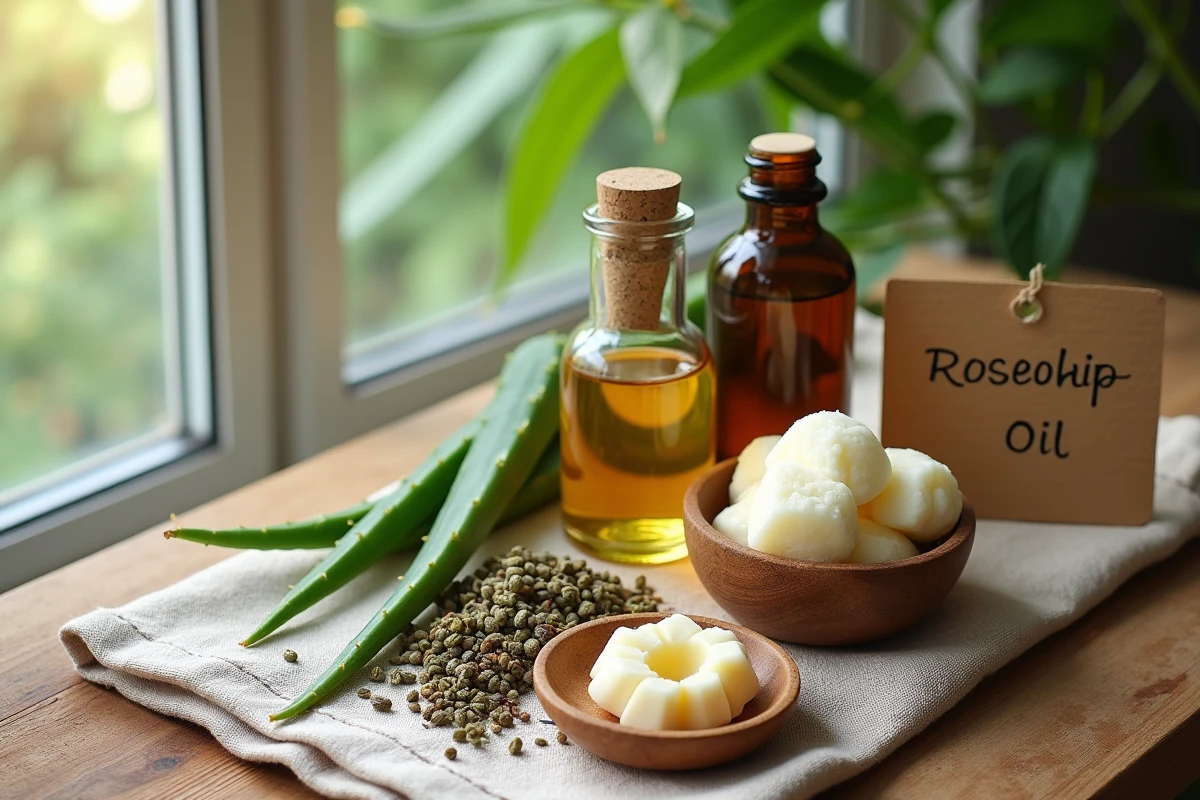 Ingrédients naturels pour recette de grand-mère disposés en flat-lay sur tissu de lin avec fiche de recette manuscrite