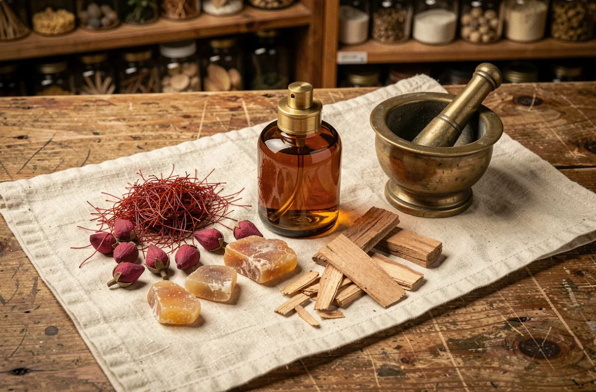 Composition à plat des ingrédients orientaux du parfum Gissah, incluant safran, rose de Damas, résine de benjoin et bois de santal sur lin crème dans un atelier de parfumeur