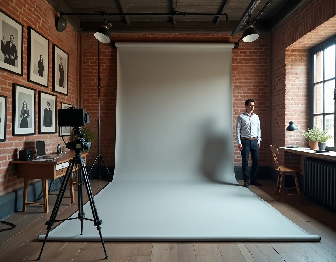 Vue intérieure d'un studio de photographie professionnel à Paris avec fond gris, équipements photo et ambiance d'atelier créatif