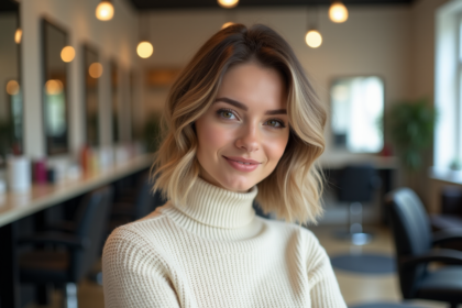 Jeune femme avec coiffure bob élégante dans un studio moderne