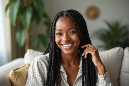 Jeune femme noire souriante avec des braids dans un salon lumineux