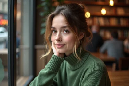 Jeune femme aux yeux hazelbrun regardant par la fenetre d'un cafe