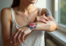 Jeune femme appliquant crème sur son bras avec tatouage floral