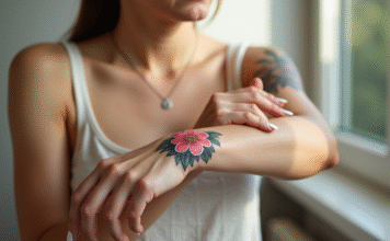 Jeune femme appliquant crème sur son bras avec tatouage floral
