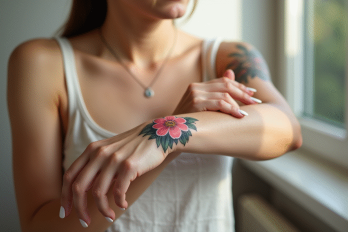 Jeune femme appliquant crème sur son bras avec tatouage floral