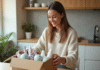 Recevoir des produits gratuits à tester : méthodes efficaces et astuces à connaître Jeune femme souriante déballant des produits de beauté dans la cuisine