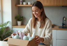 Recevoir des produits gratuits à tester : méthodes efficaces et astuces à connaître Jeune femme souriante déballant des produits de beauté dans la cuisine