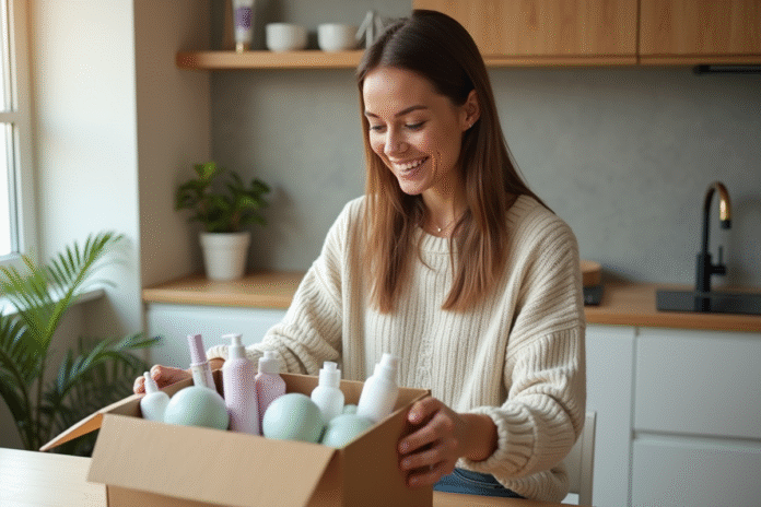 jeune-femme-deballant-produits-beaute Jeune femme souriante déballant des produits de beauté dans la cuisine