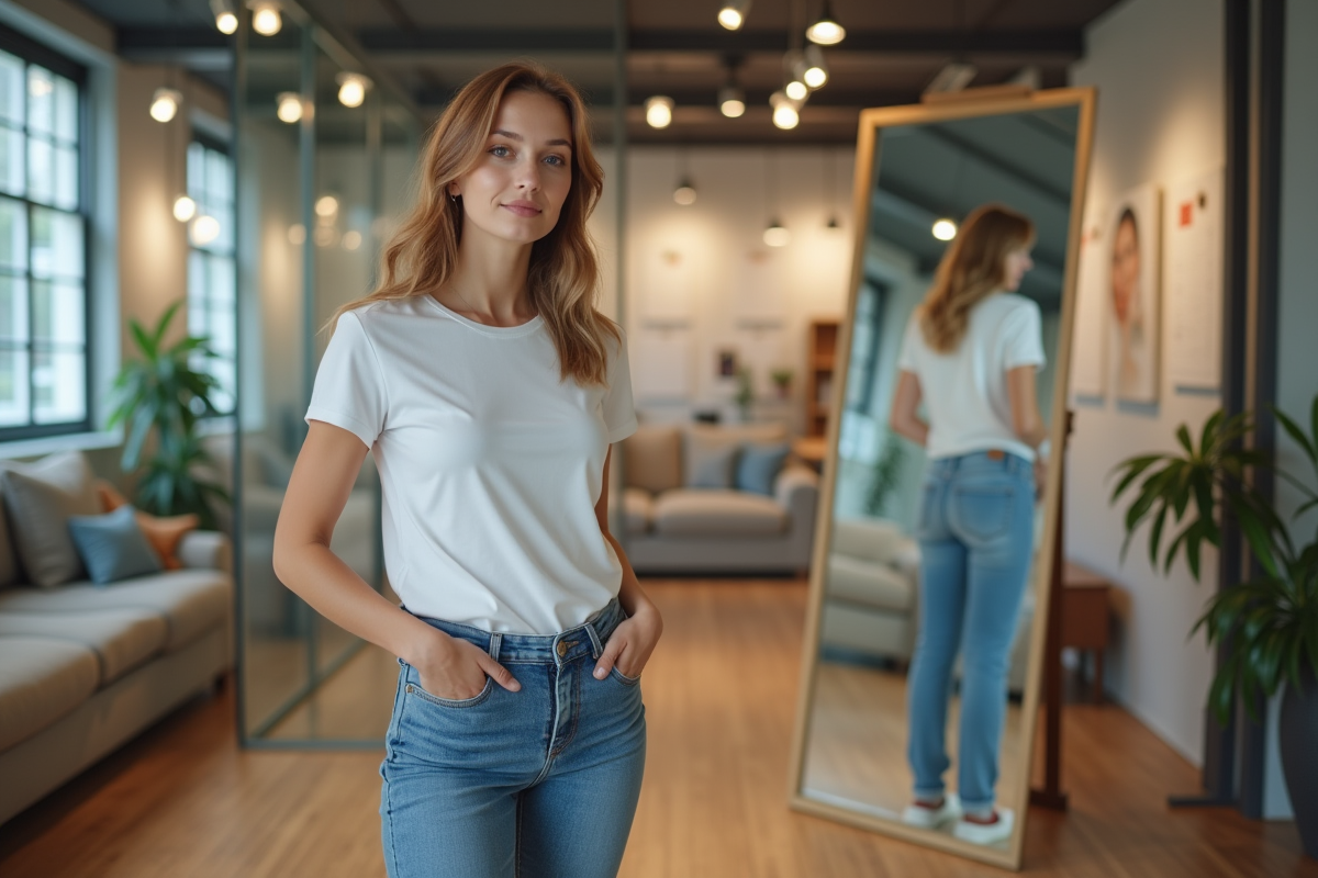 Jeune femme en jeans et t-shirt blanc dans une agence de mode
