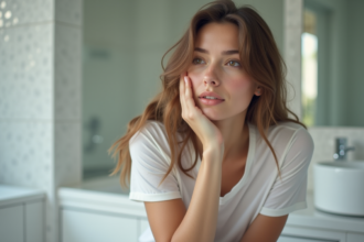 Jeune femme regardant sa peau avec douceur et naturel