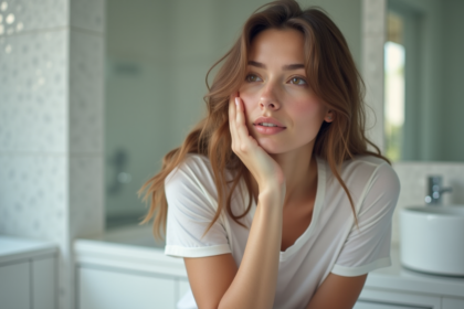 Jeune femme regardant sa peau avec douceur et naturel