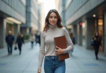 Jeune femme urbaine en jeans et turtleneck dans la ville