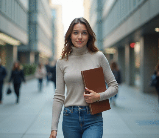 Devenir mannequin : les premiers pas pour réussir en 2025 Jeune femme urbaine en jeans et turtleneck dans la ville