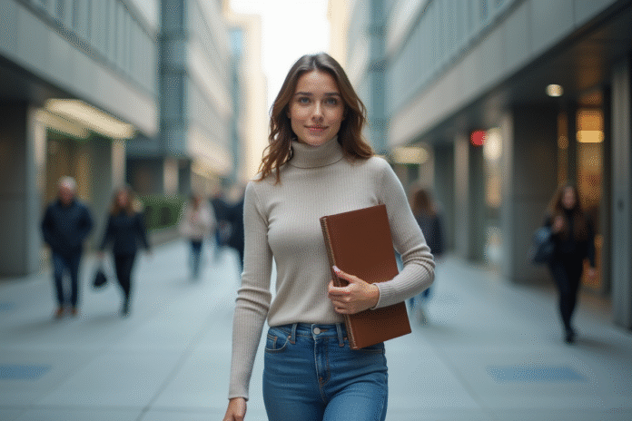 Jeune femme urbaine en jeans et turtleneck dans la ville