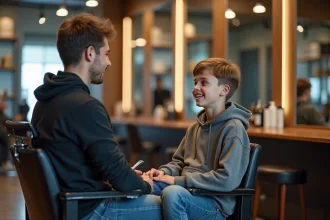 Adolescent en discussion avec le coiffeur dans un salon moderne