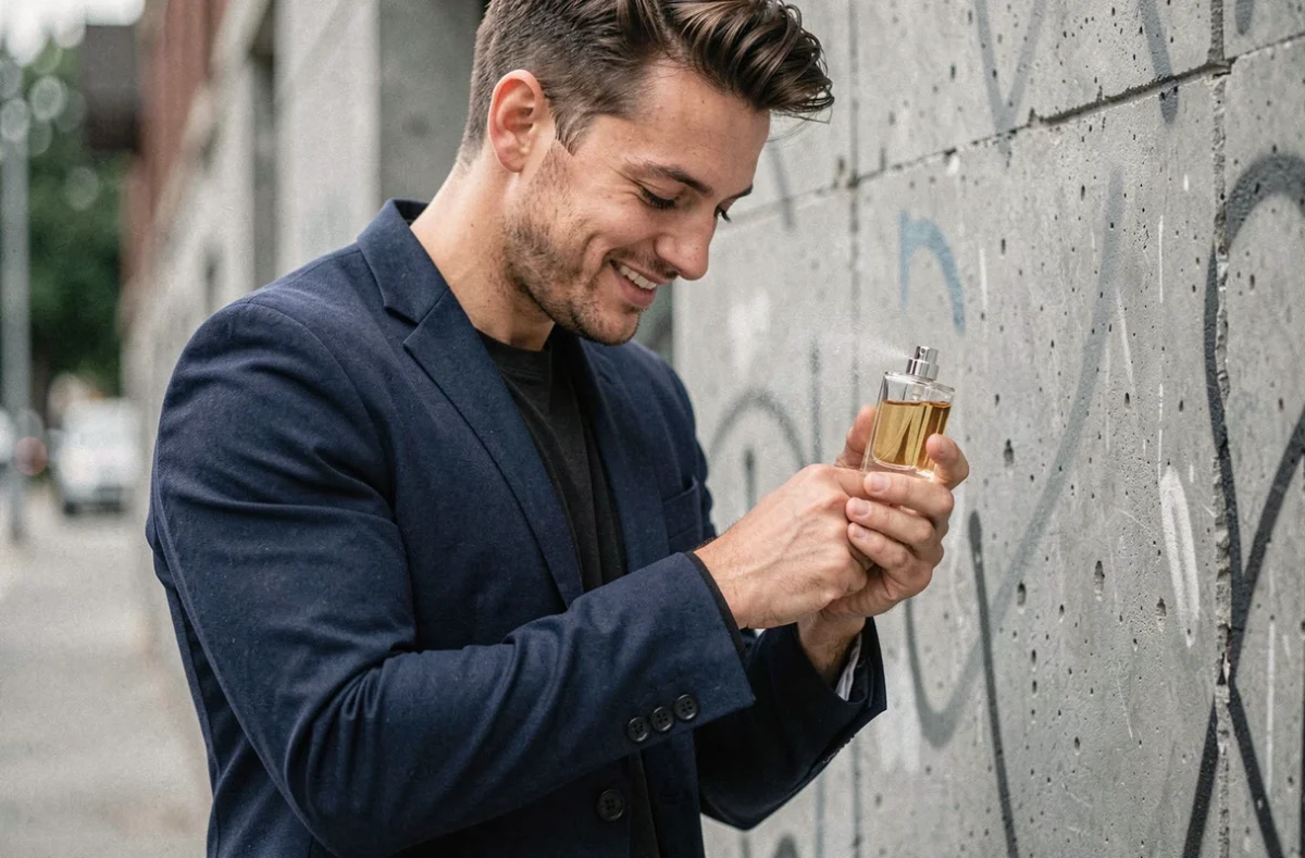 Jeune homme appliquant un parfum homme économique sur son poignet en milieu urbain