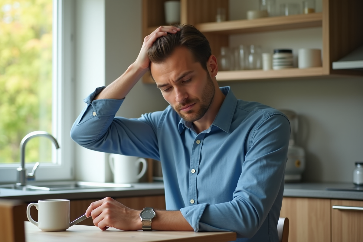 Jeune homme se brossant les cheveux au matin à la cuisine