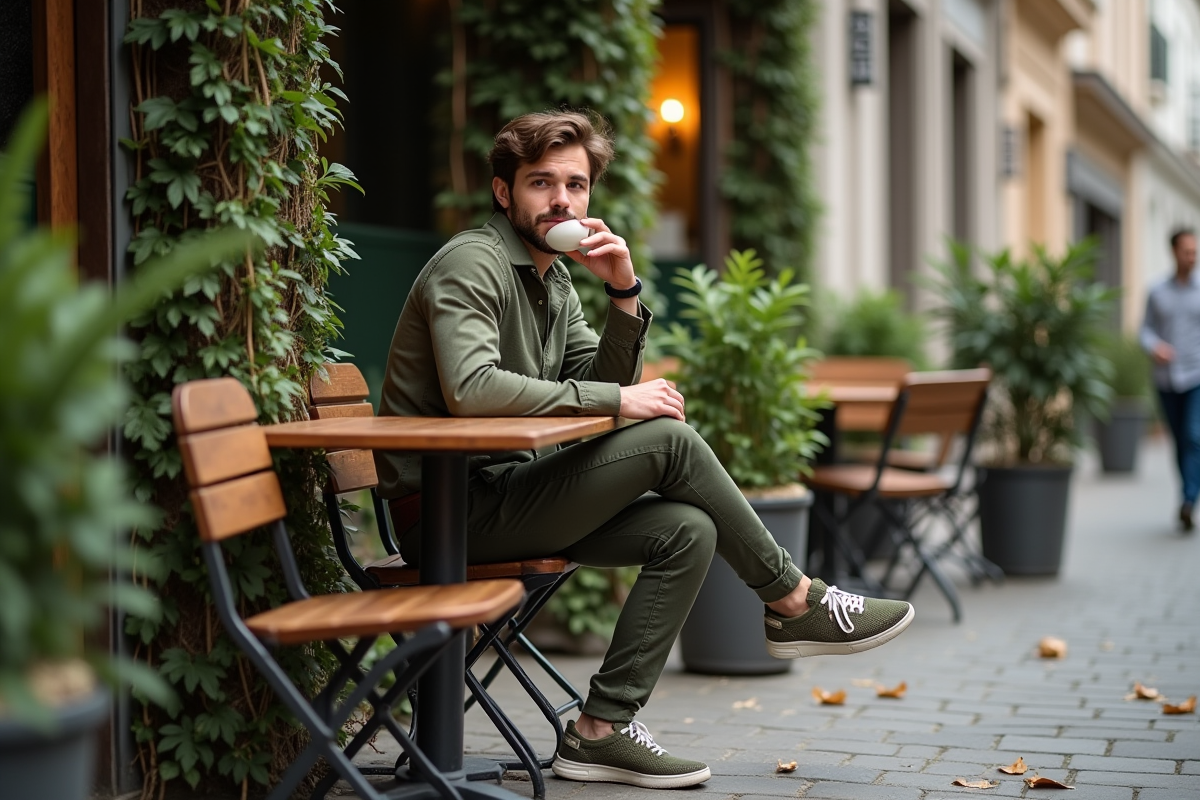Jeune homme au café entouré de végétation automnale