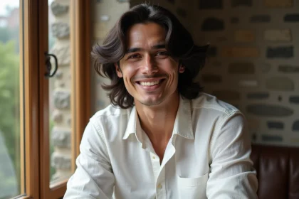 Jeune homme aux cheveux longs et ondulés dans une ambiance naturelle