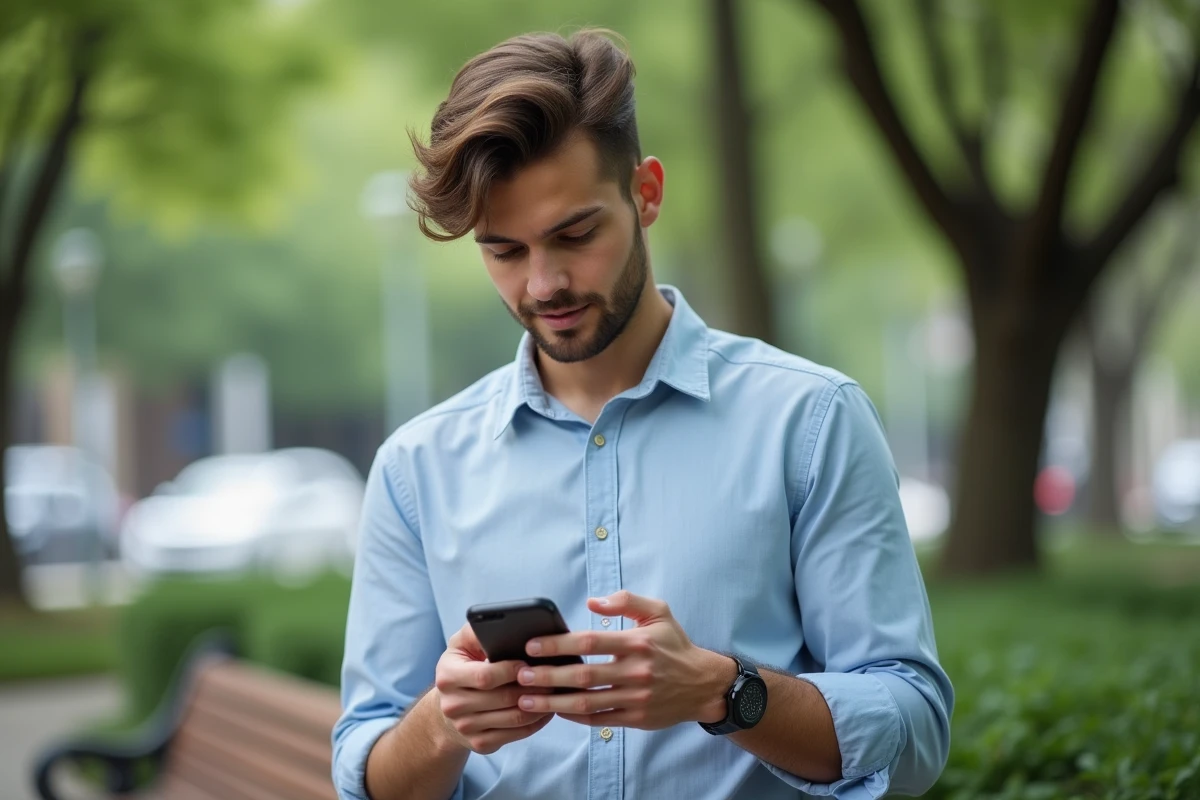 Jeune homme regardant site de coiffure sur smartphone