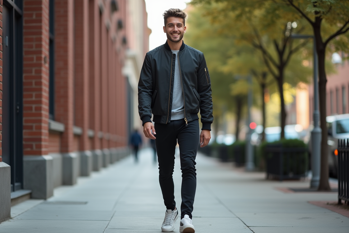 Jeune homme marchant dans une rue urbaine en tenue décontractée