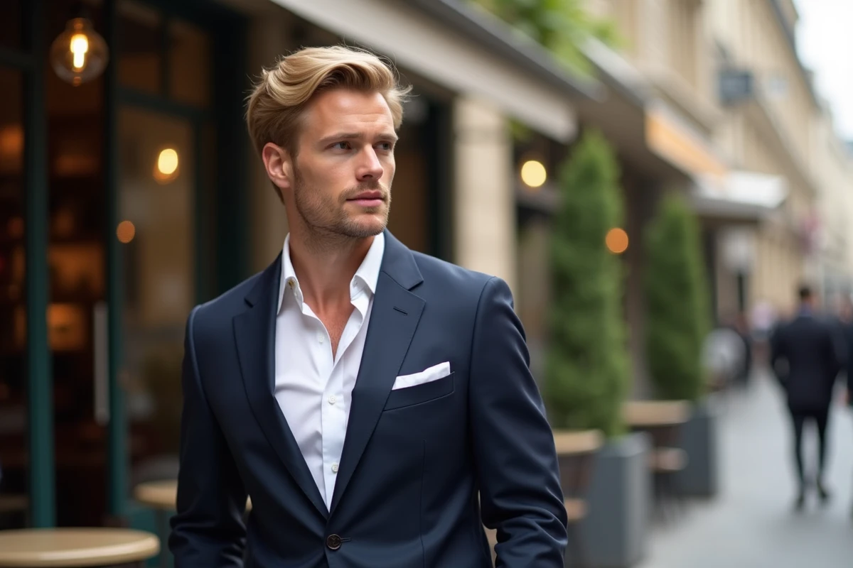Jeune homme élégant avec cheveux blonds dans une rue parisienne