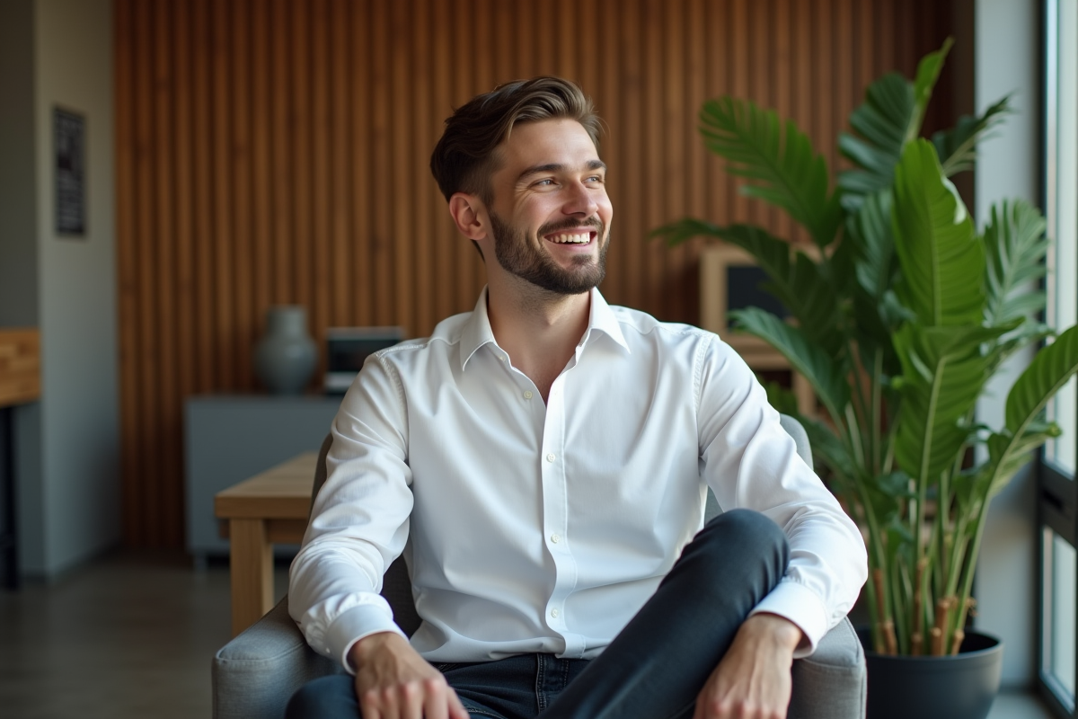 Jeune homme souriant en tenue décontractée dans un intérieur moderne