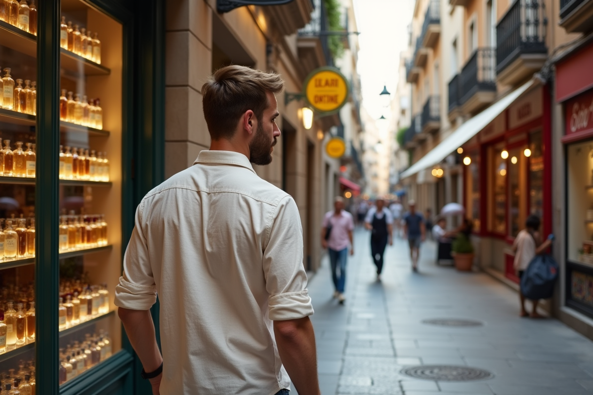 Jeune homme dans une rue espagnole avec boutiques de parfum